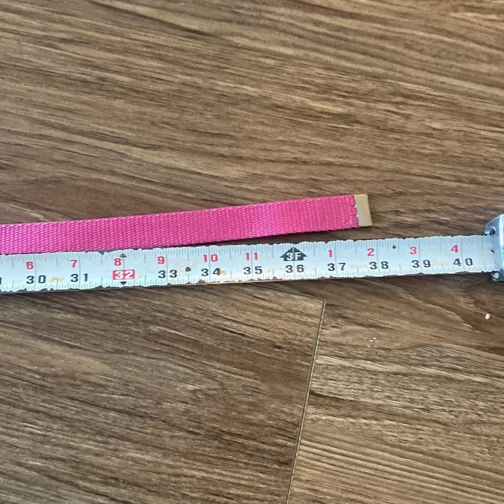 Vintage Pierre Cardin pink nylon Fabric Web Skinny Belt Gold Tone Logo Buckle